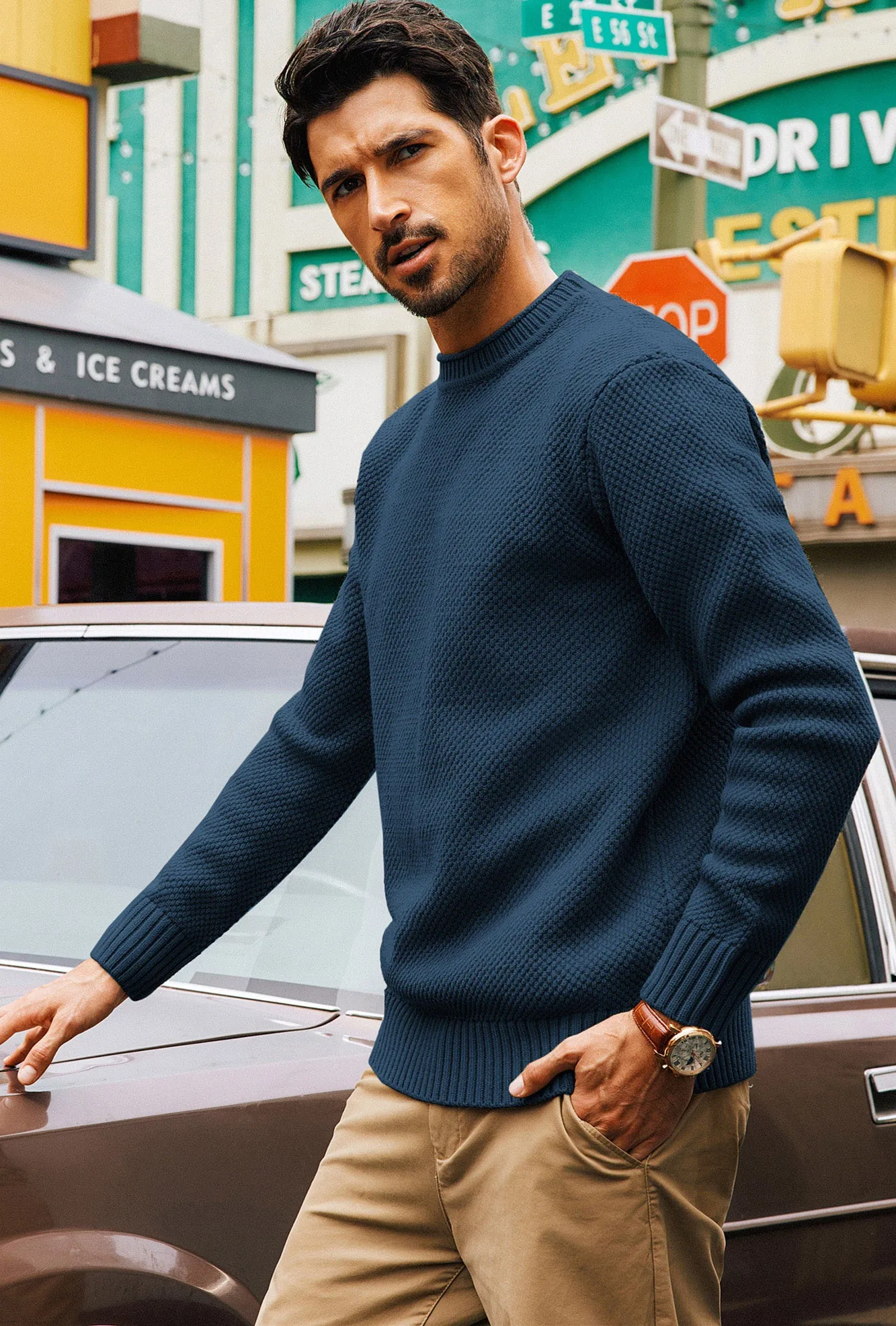 Men Textured Sweater Long Sleeve Crew Neck Ribbed Cuff Pullover