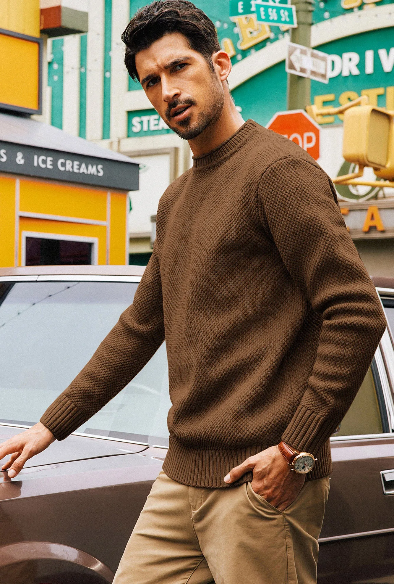 Men Textured Sweater Long Sleeve Crew Neck Ribbed Cuff Pullover