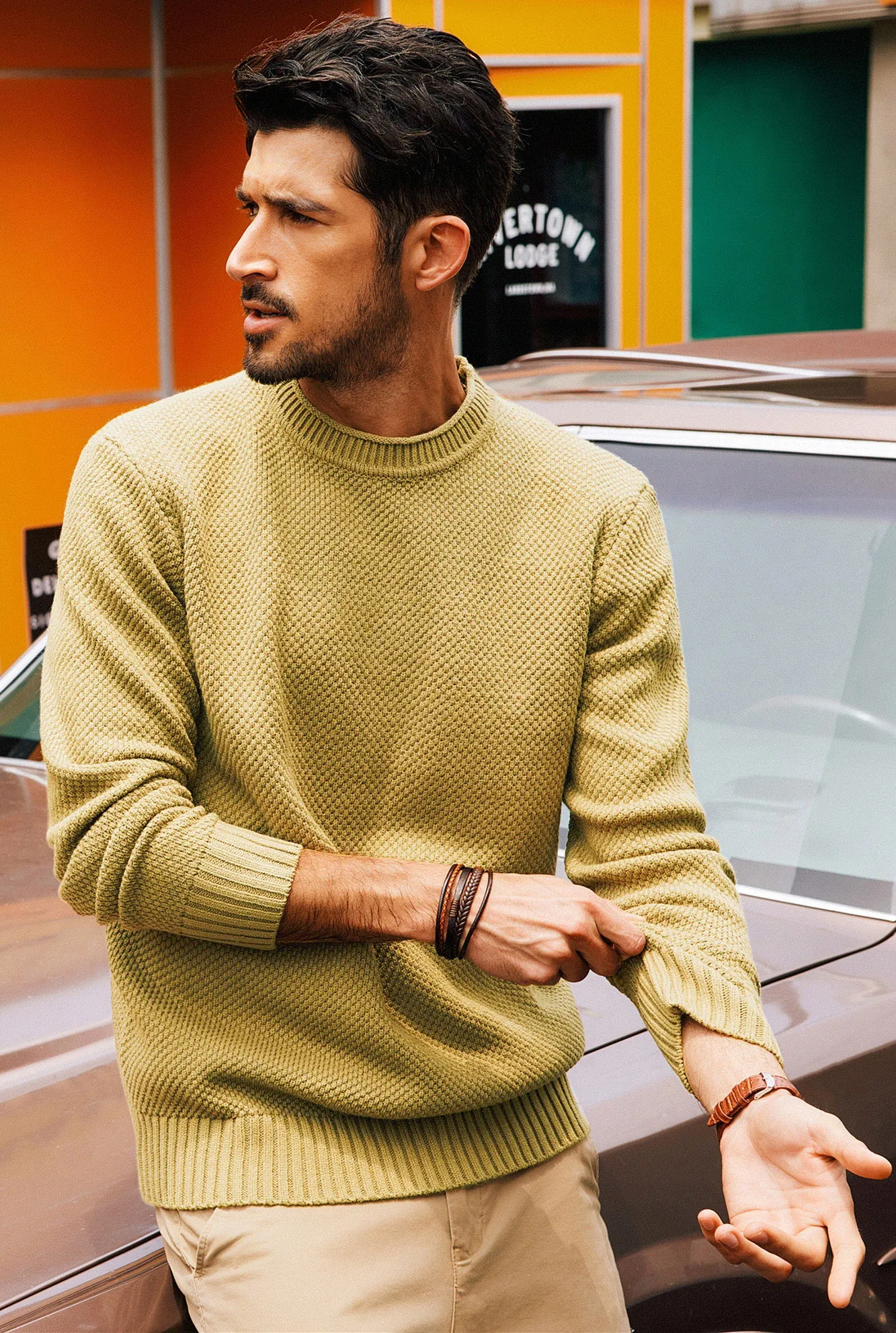 Men Textured Sweater Long Sleeve Crew Neck Ribbed Cuff Pullover