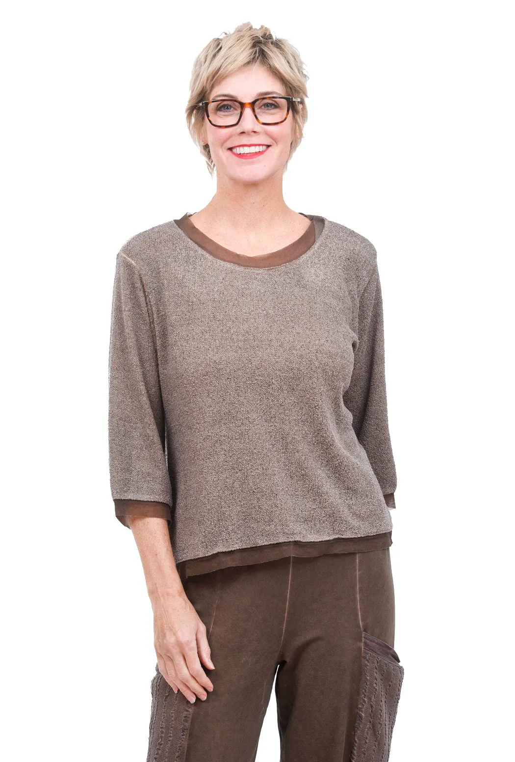 Mesh-Trim Texture Top, Mink