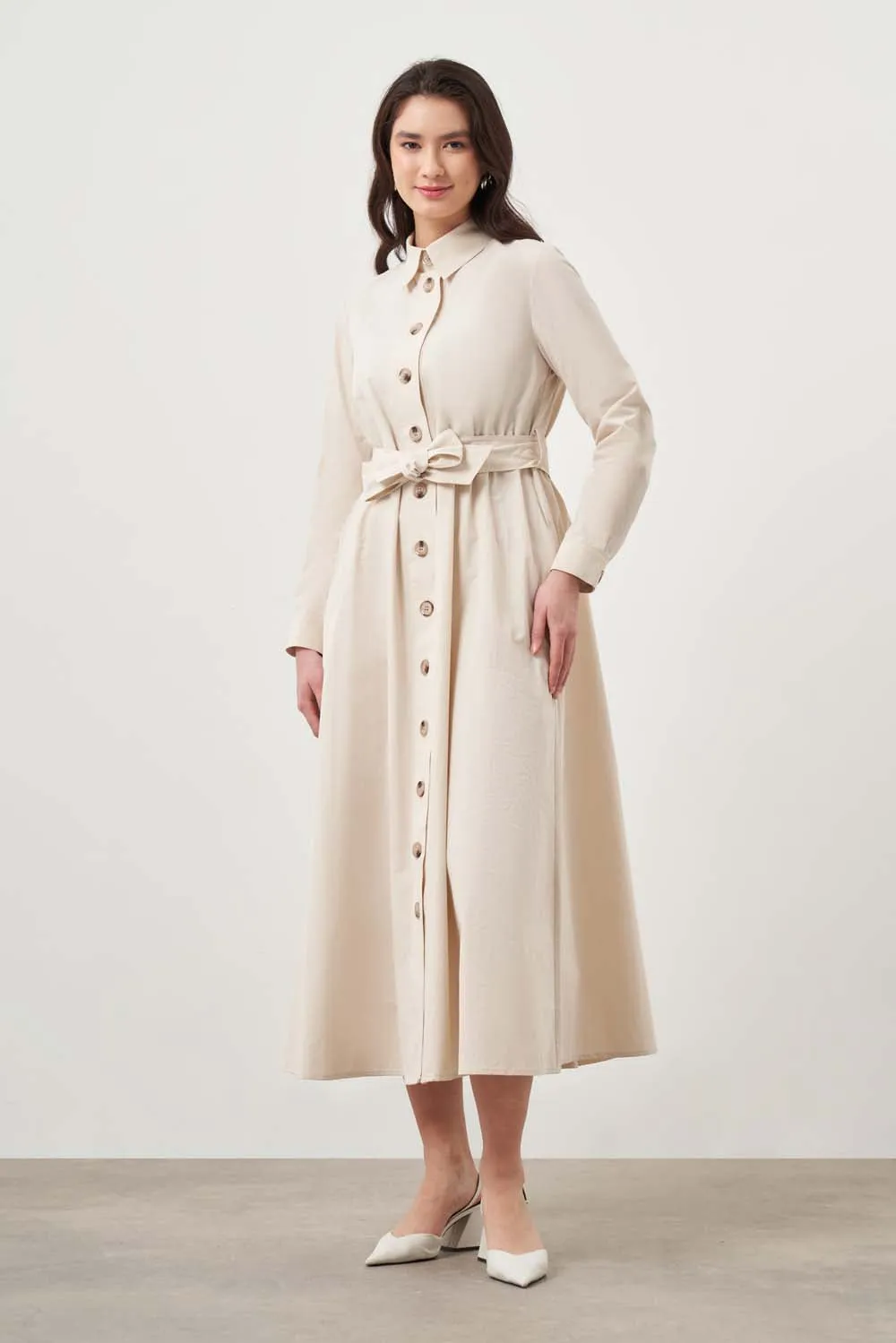 Mizalle Button Up Belted Dress Beige