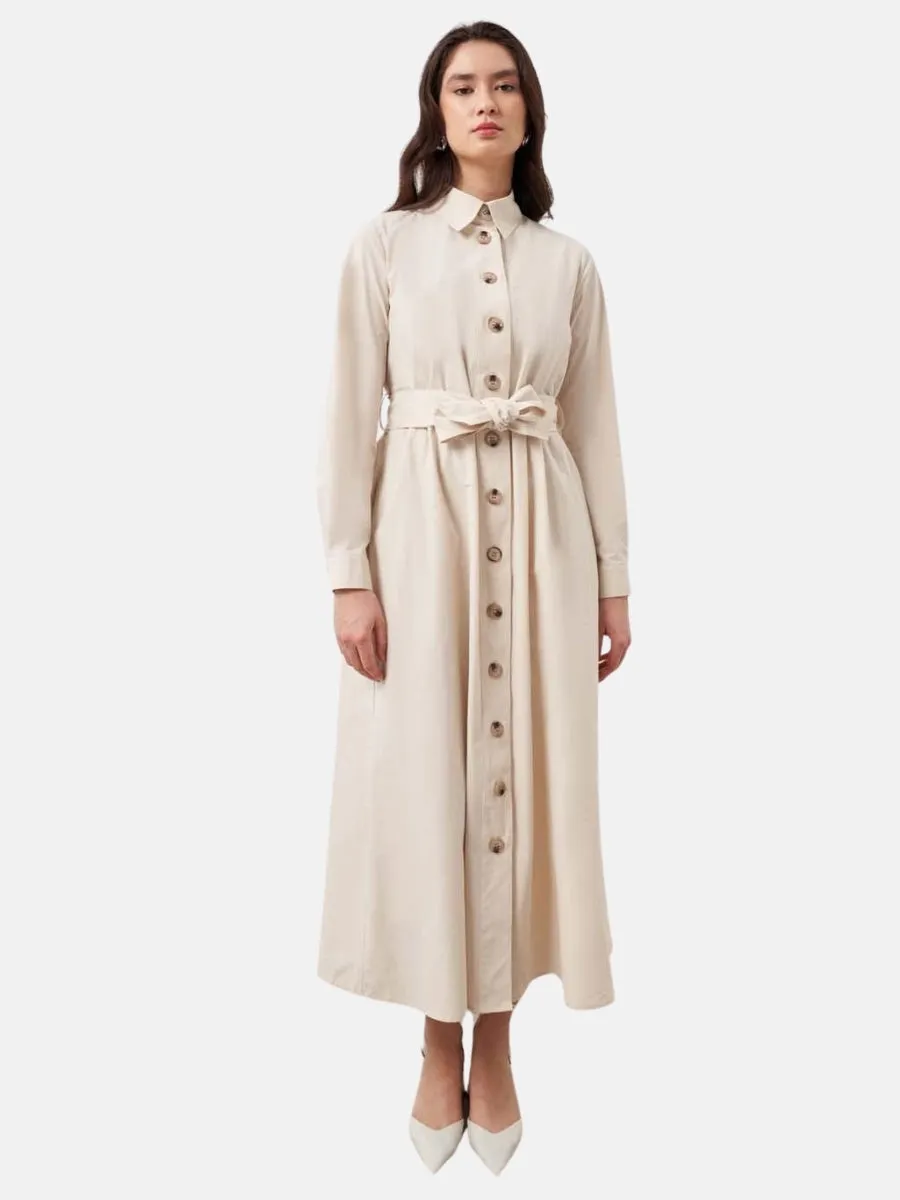 Mizalle Button Up Belted Dress Beige