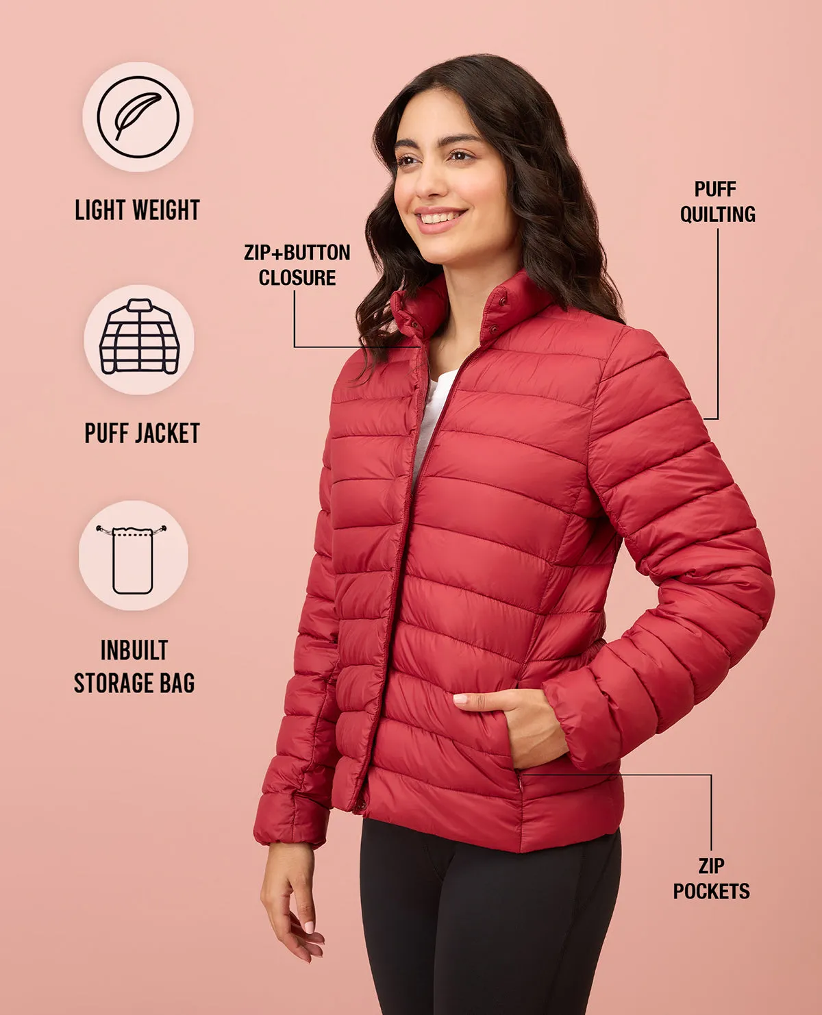 NYKD By Nykaa Ultra Light Weight Puffer Jacket with Inbuilt Bag (Set of 2)-NYAT405-Red