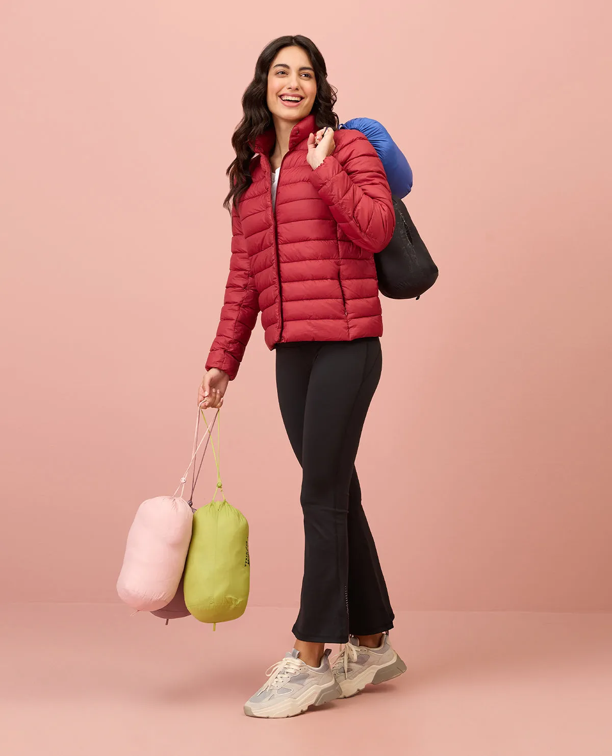 NYKD By Nykaa Ultra Light Weight Puffer Jacket with Inbuilt Bag (Set of 2)-NYAT405-Red