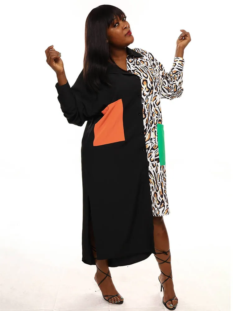 Oversize Irregular Leopard Print Patchwork Shirt Dresses