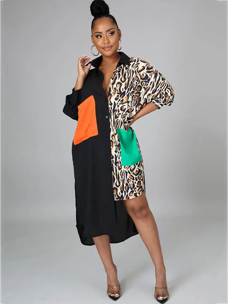 Oversize Irregular Leopard Print Patchwork Shirt Dresses