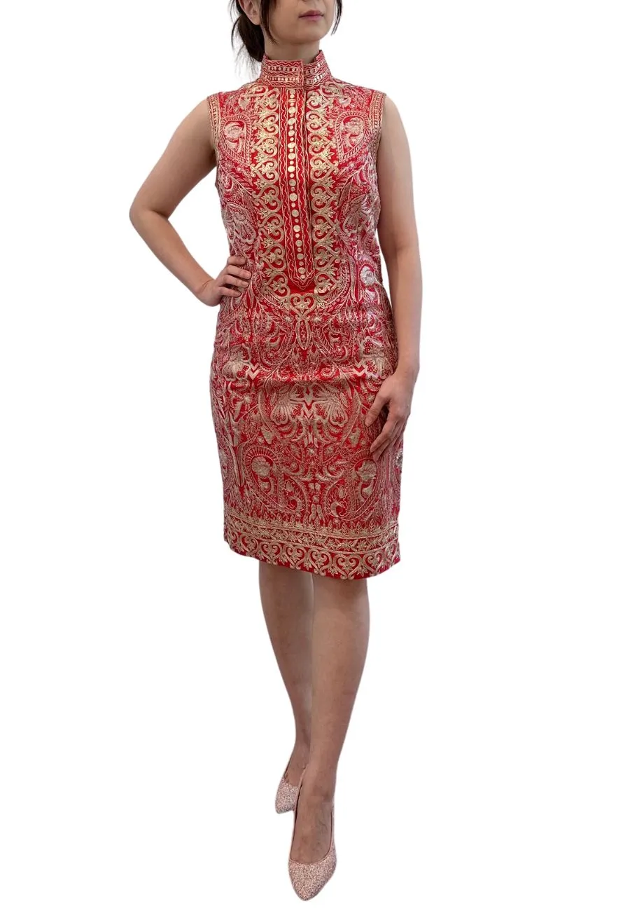 Red and Gold Buttoned Embroidered Silk Dress