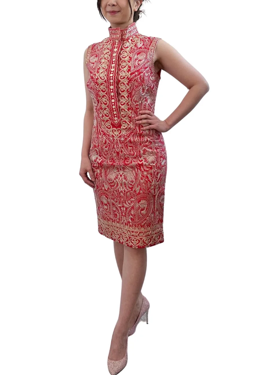 Red and Gold Buttoned Embroidered Silk Dress