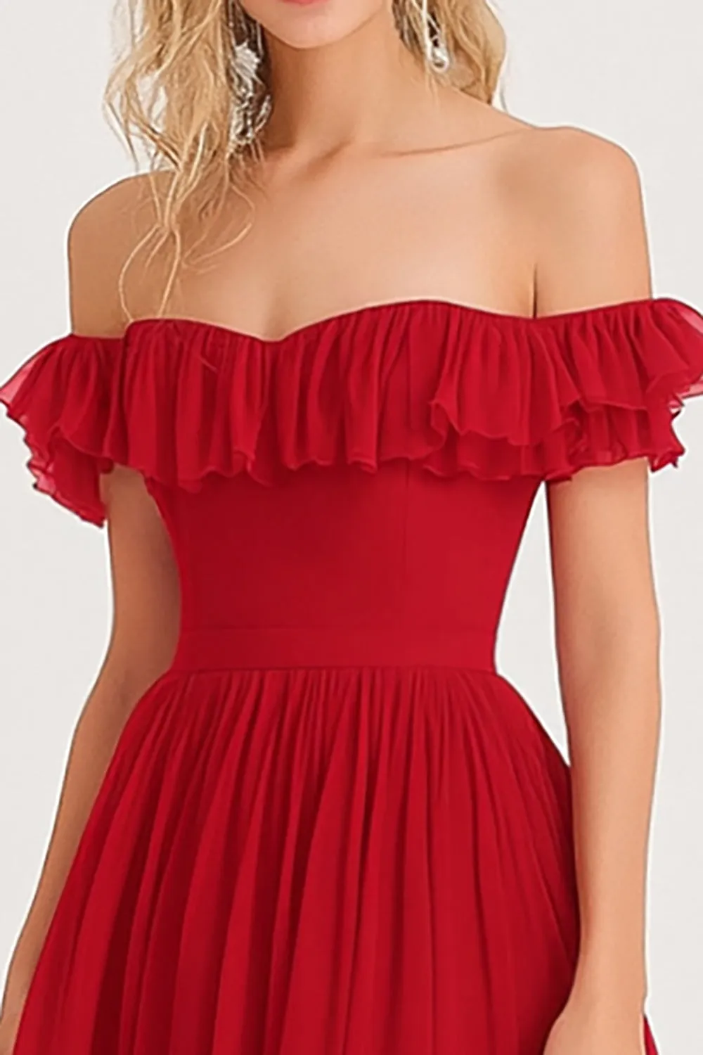 Red Off the Shoulder A Line Pleated Ruffle Formal Dress