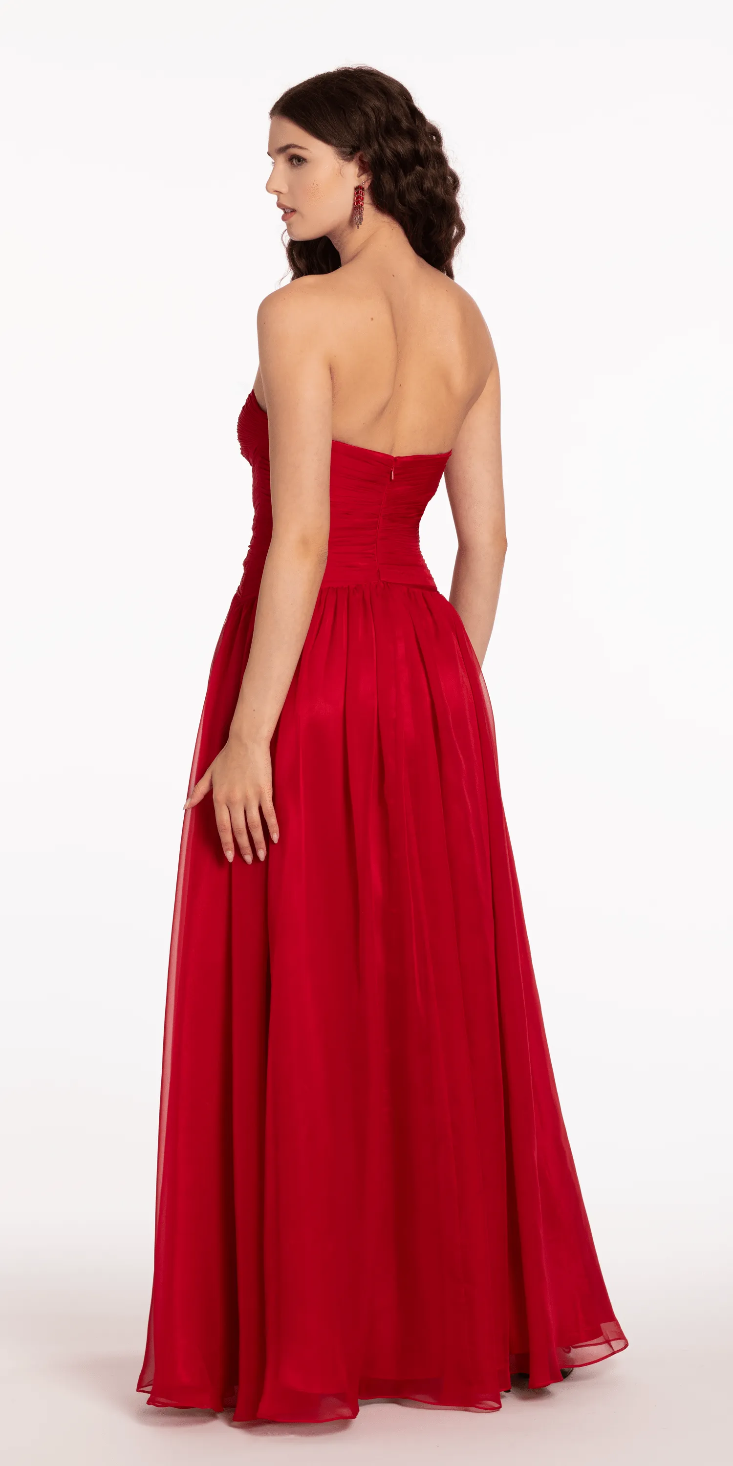 Ruched Chiffon Sweetheart Peek-a-Boo A Line Dress with Rose Detail