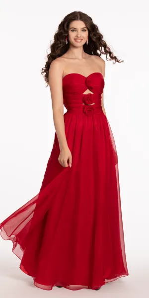 Ruched Chiffon Sweetheart Peek-a-Boo A Line Dress with Rose Detail