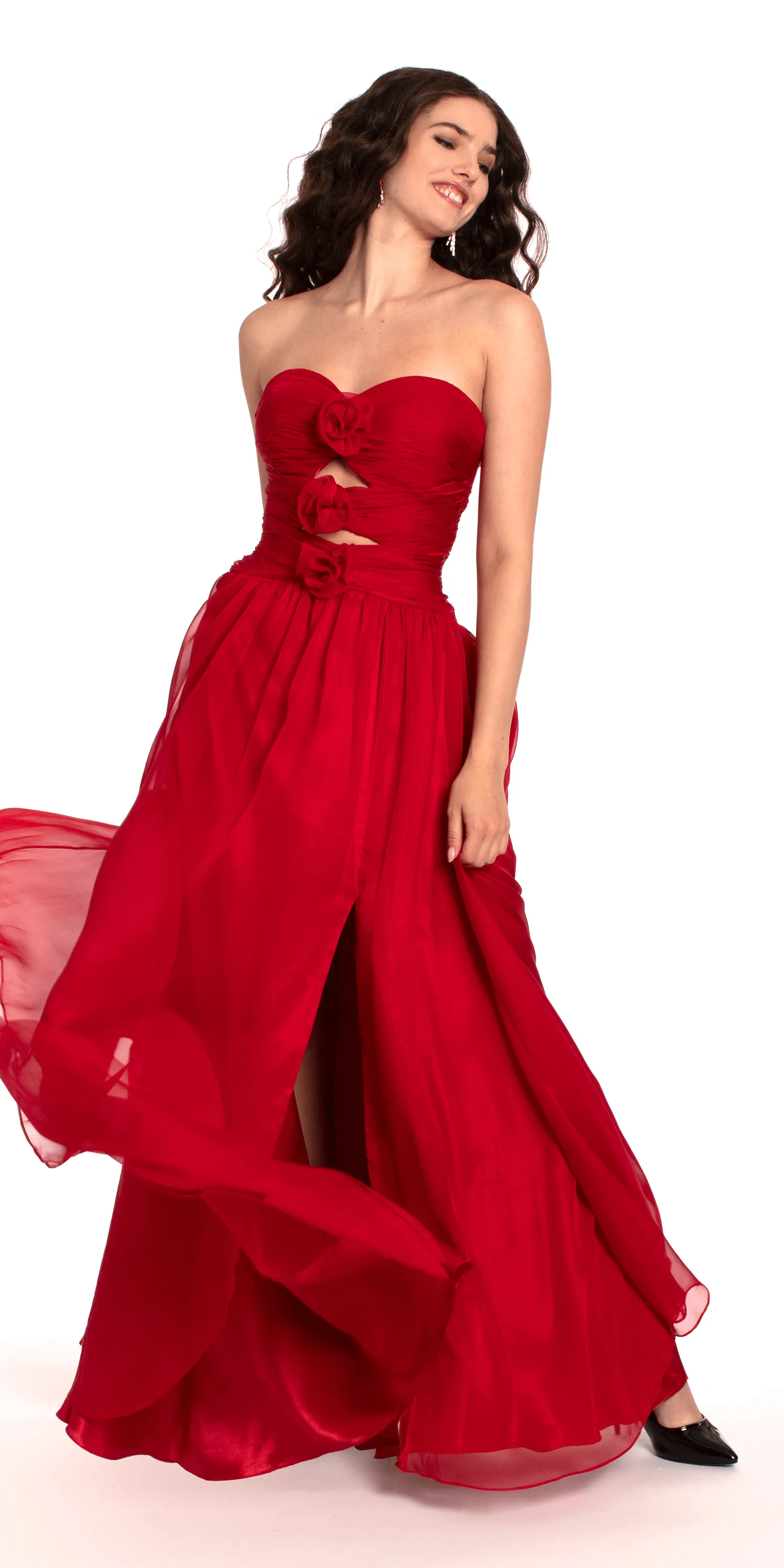 Ruched Chiffon Sweetheart Peek-a-Boo A Line Dress with Rose Detail