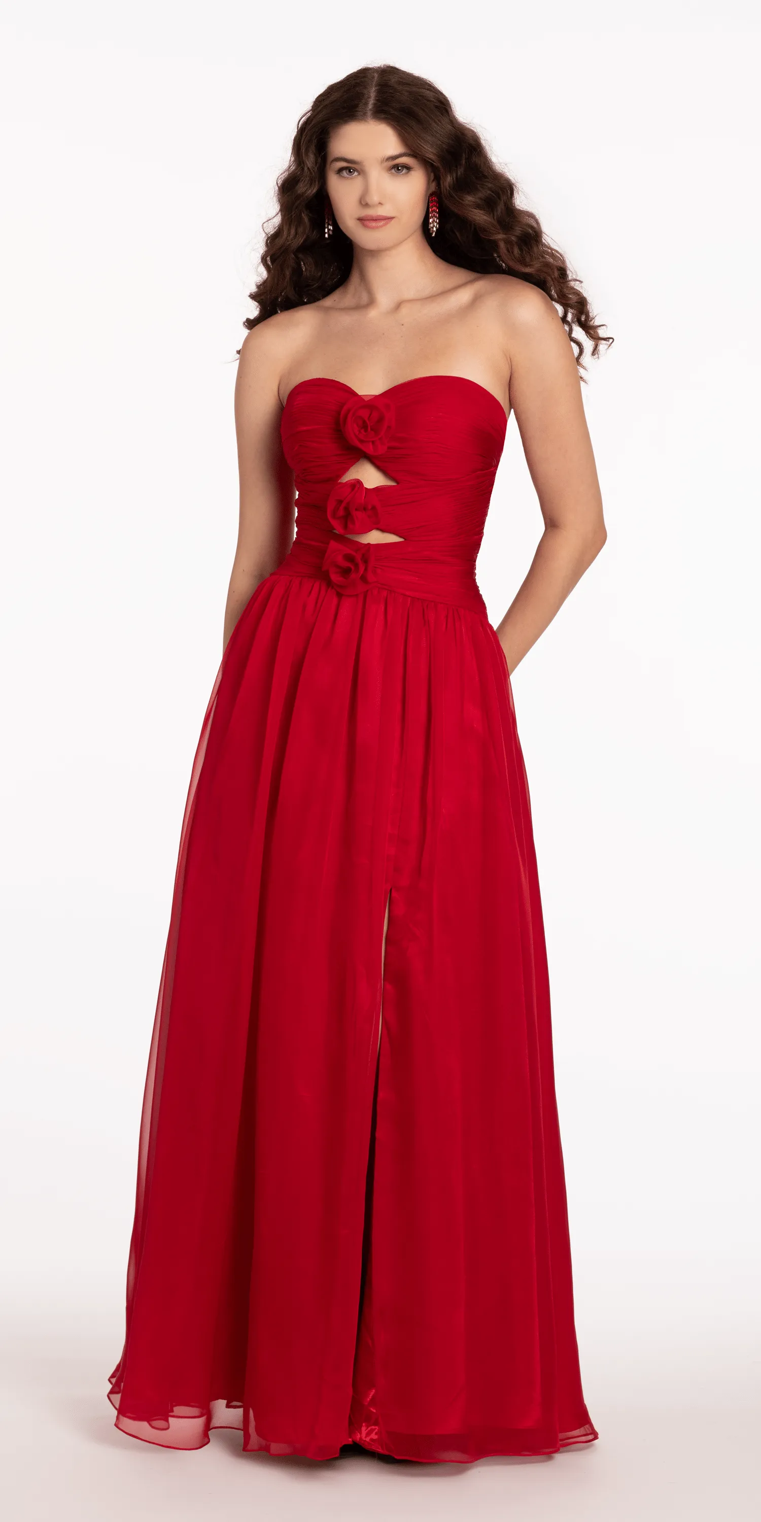 Ruched Chiffon Sweetheart Peek-a-Boo A Line Dress with Rose Detail