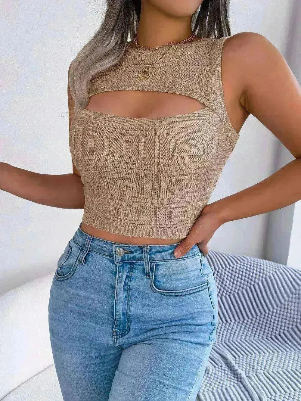 Summer Hollow Out Sleeveless Top Cropped Knitted Tank