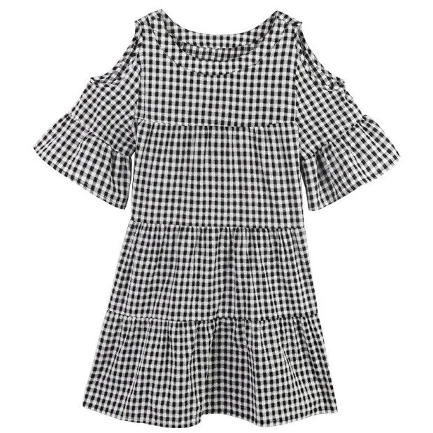 Summer Korean Flare Sleeves Bare Shoulder Chequered Dress Women Student Loose A-Line Doll Dress