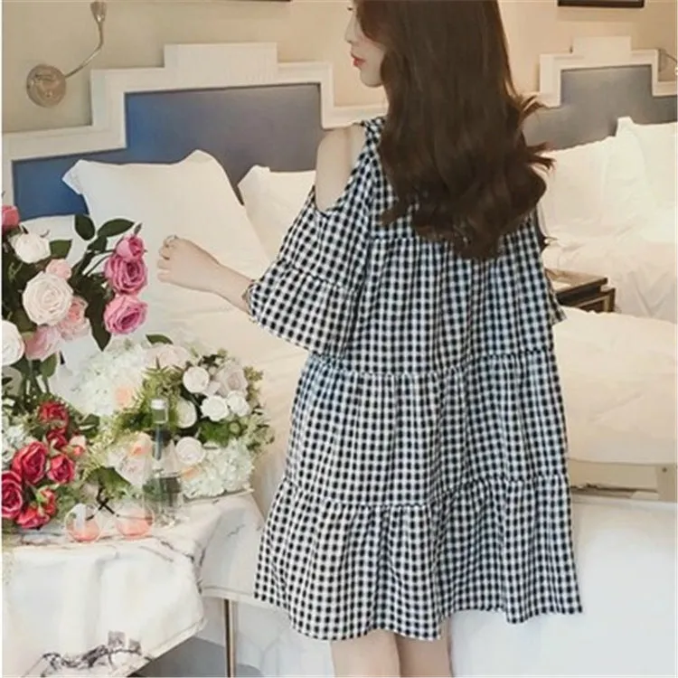 Summer Korean Flare Sleeves Bare Shoulder Chequered Dress Women Student Loose A-Line Doll Dress