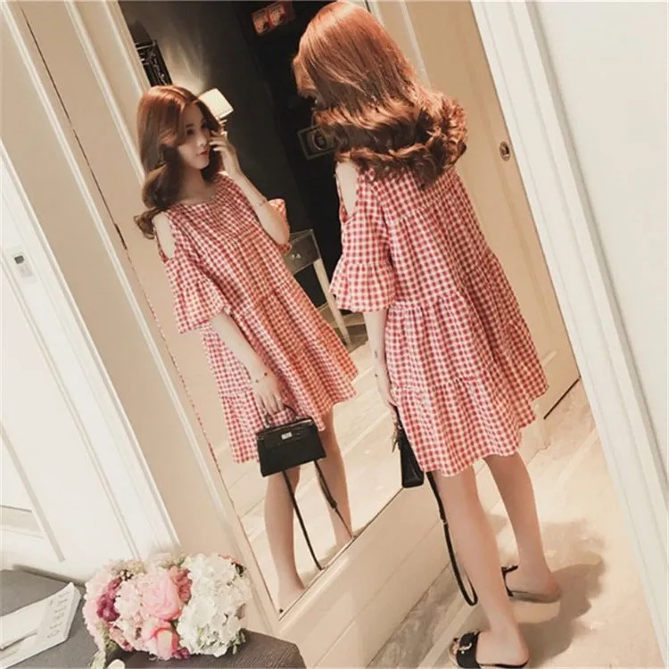 Summer Korean Flare Sleeves Bare Shoulder Chequered Dress Women Student Loose A-Line Doll Dress