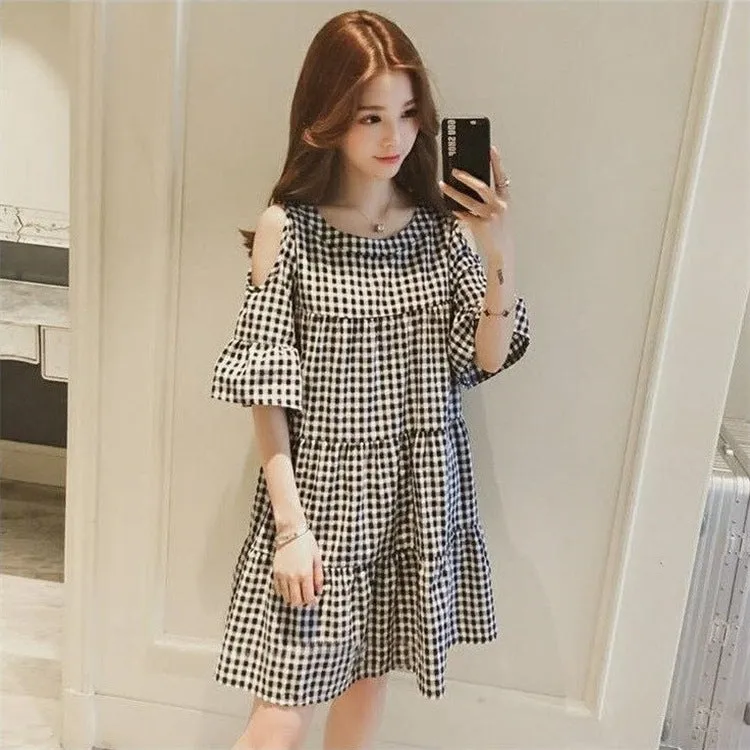 Summer Korean Flare Sleeves Bare Shoulder Chequered Dress Women Student Loose A-Line Doll Dress