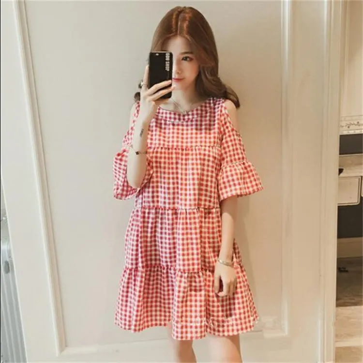 Summer Korean Flare Sleeves Bare Shoulder Chequered Dress Women Student Loose A-Line Doll Dress