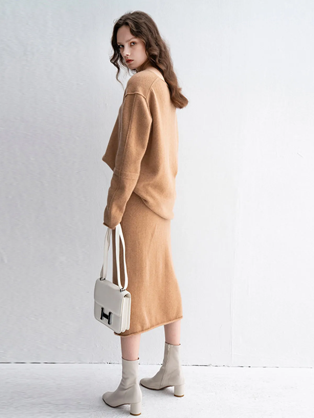 V-neck Cashmere Sweater Midi Skirt Two-Piece Set