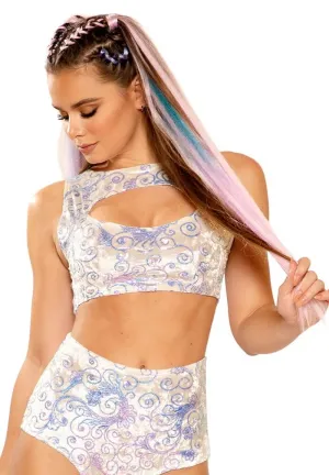 White Prism Sequin Velvet Keyhole Top