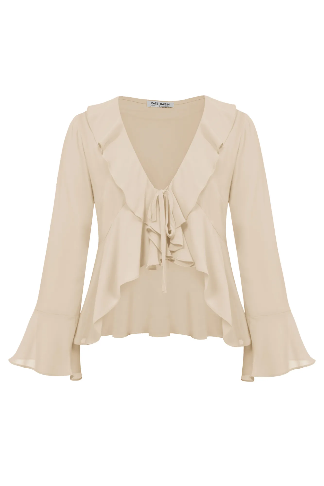 Women Chiffon Cover-up Tops 9/10 Bell Sleeve V-Neck Tie Front Tops