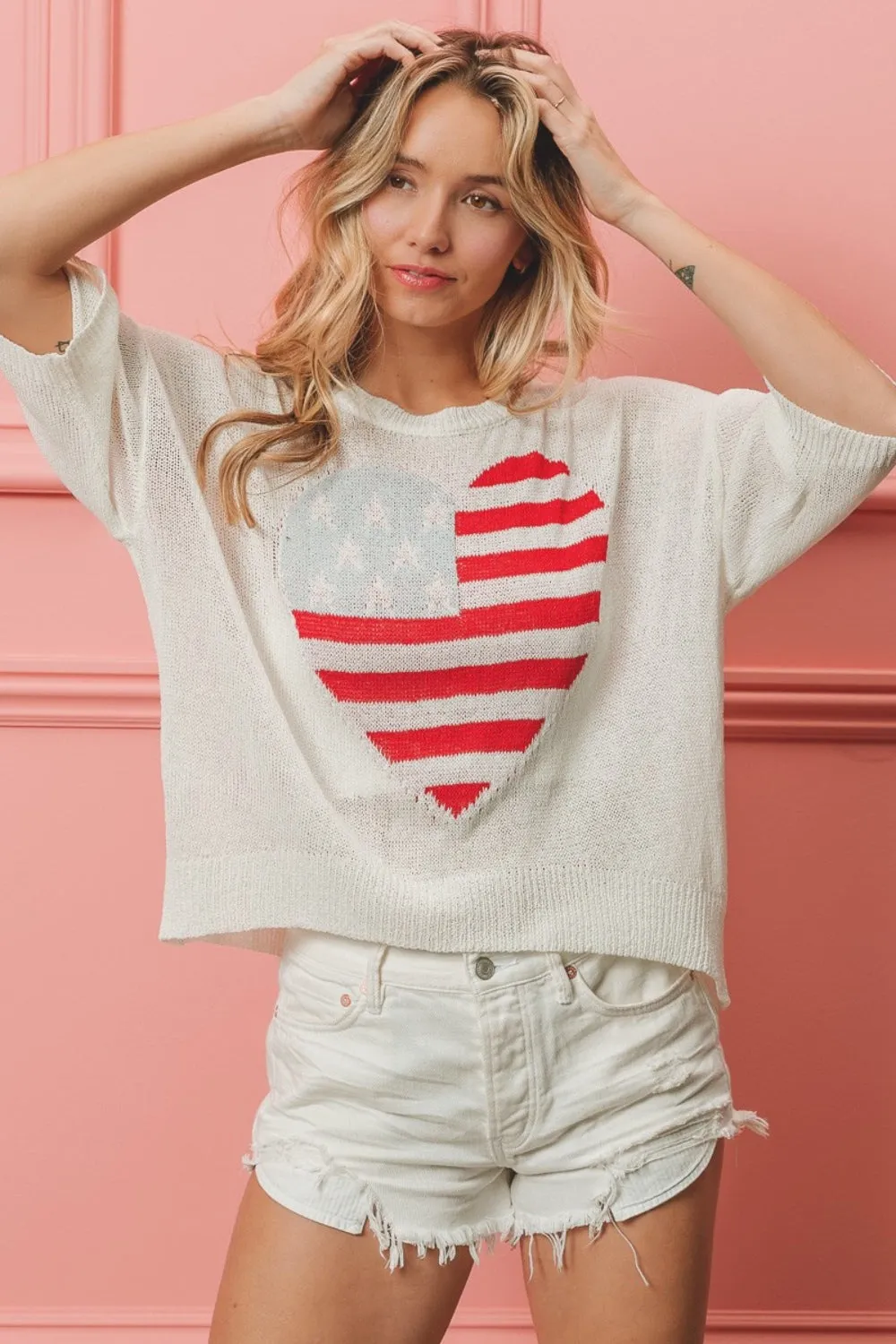 Women's BiBi Striped Heart Contrast Knit Top