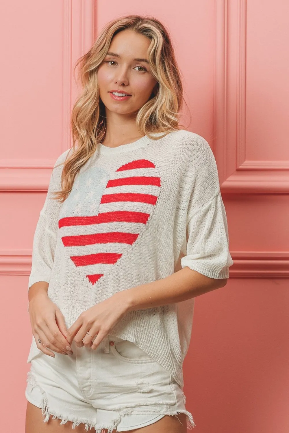 Women's BiBi Striped Heart Contrast Knit Top