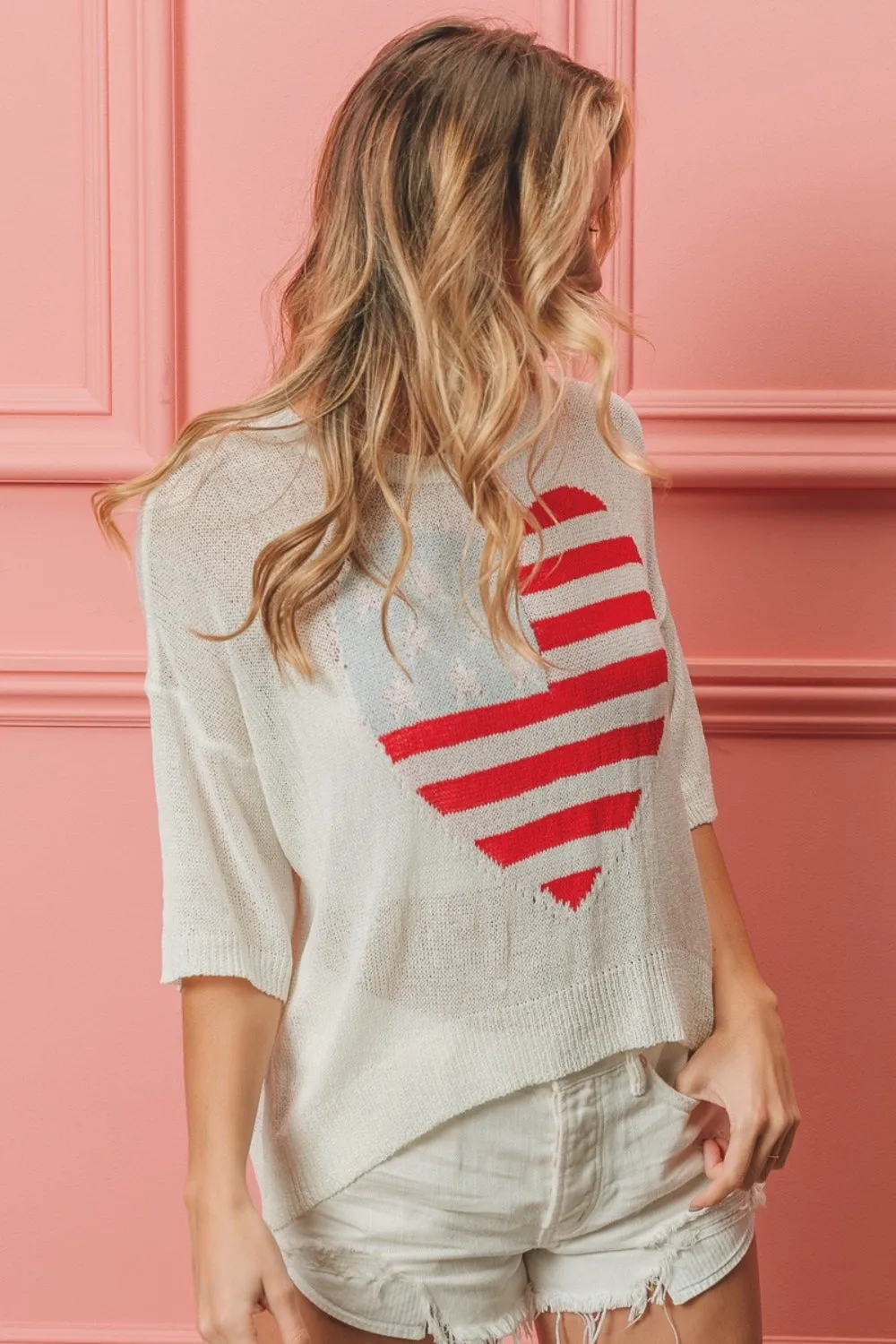 Women's BiBi Striped Heart Contrast Knit Top