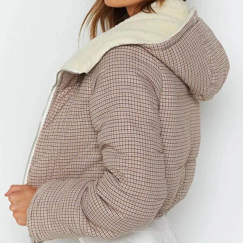 Women's Khaki Plaid Hooded Puffer Jacket SIZE S-L