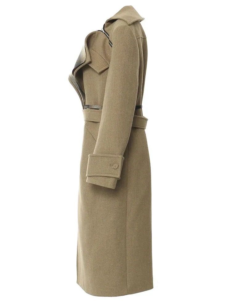 Women's Khaki Woolen Asymmetrical Long Coat