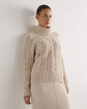 Women's Open Cable Turtle Neck Cashmere Sweater Ecru White