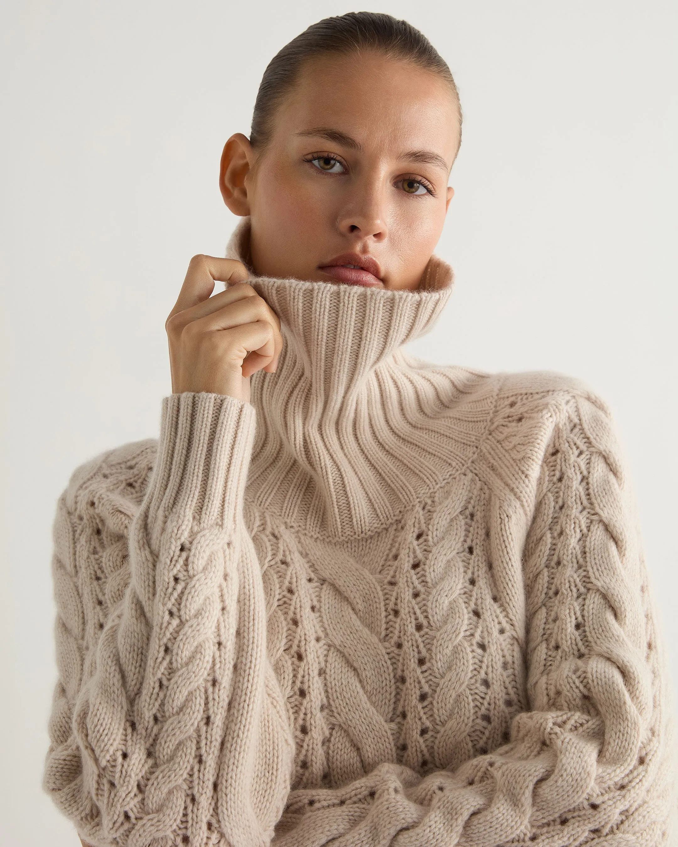 Women's Open Cable Turtle Neck Cashmere Sweater Ecru White